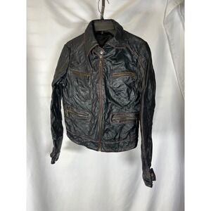 Stefanel Black Real Leather Moto Jacket Vera Pelle Crinkled Zip Up Womens Medium
